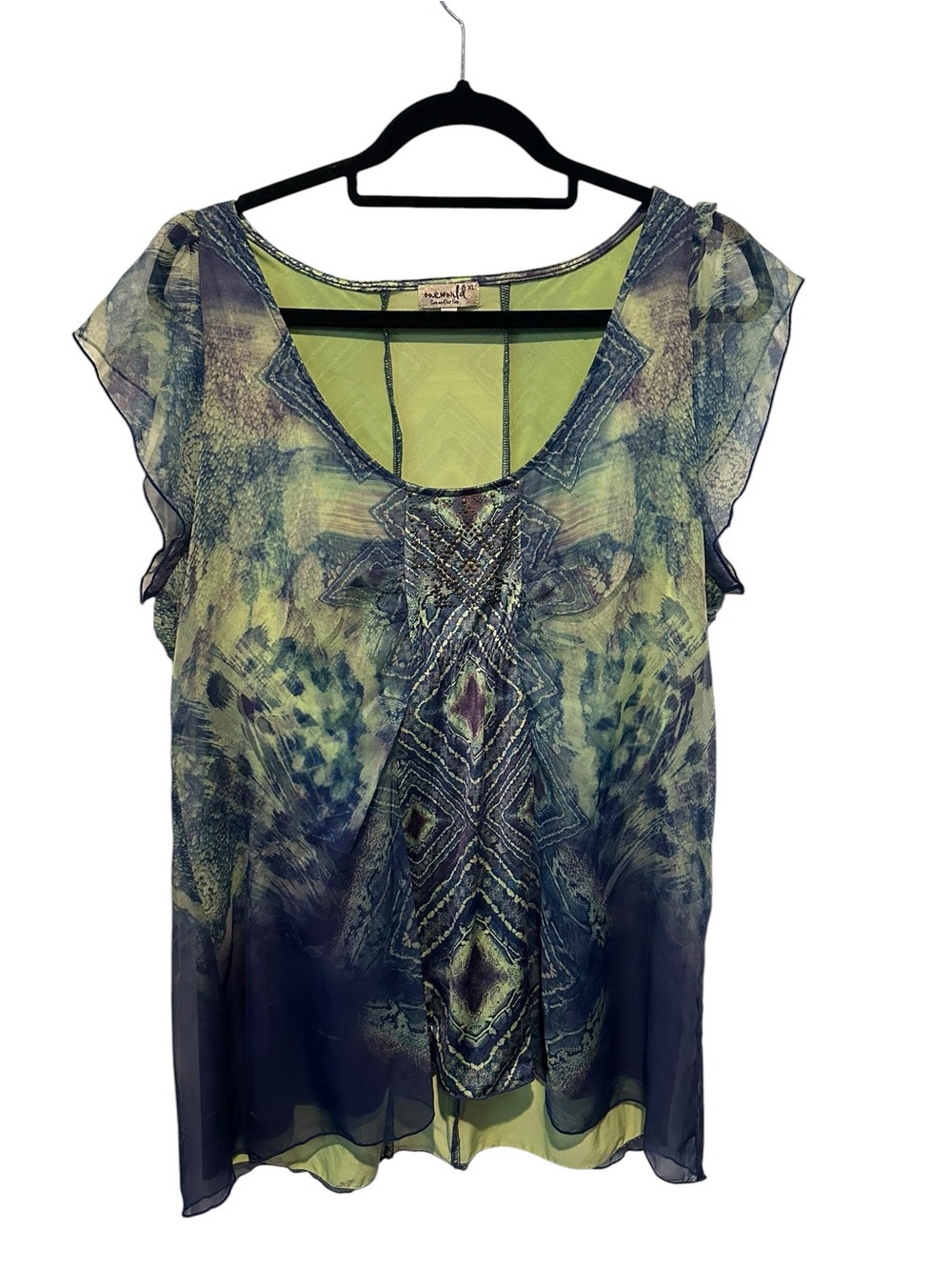 ONE WORLD Green and Blue Beaded Sheer Flutter Sleeve Blouse
